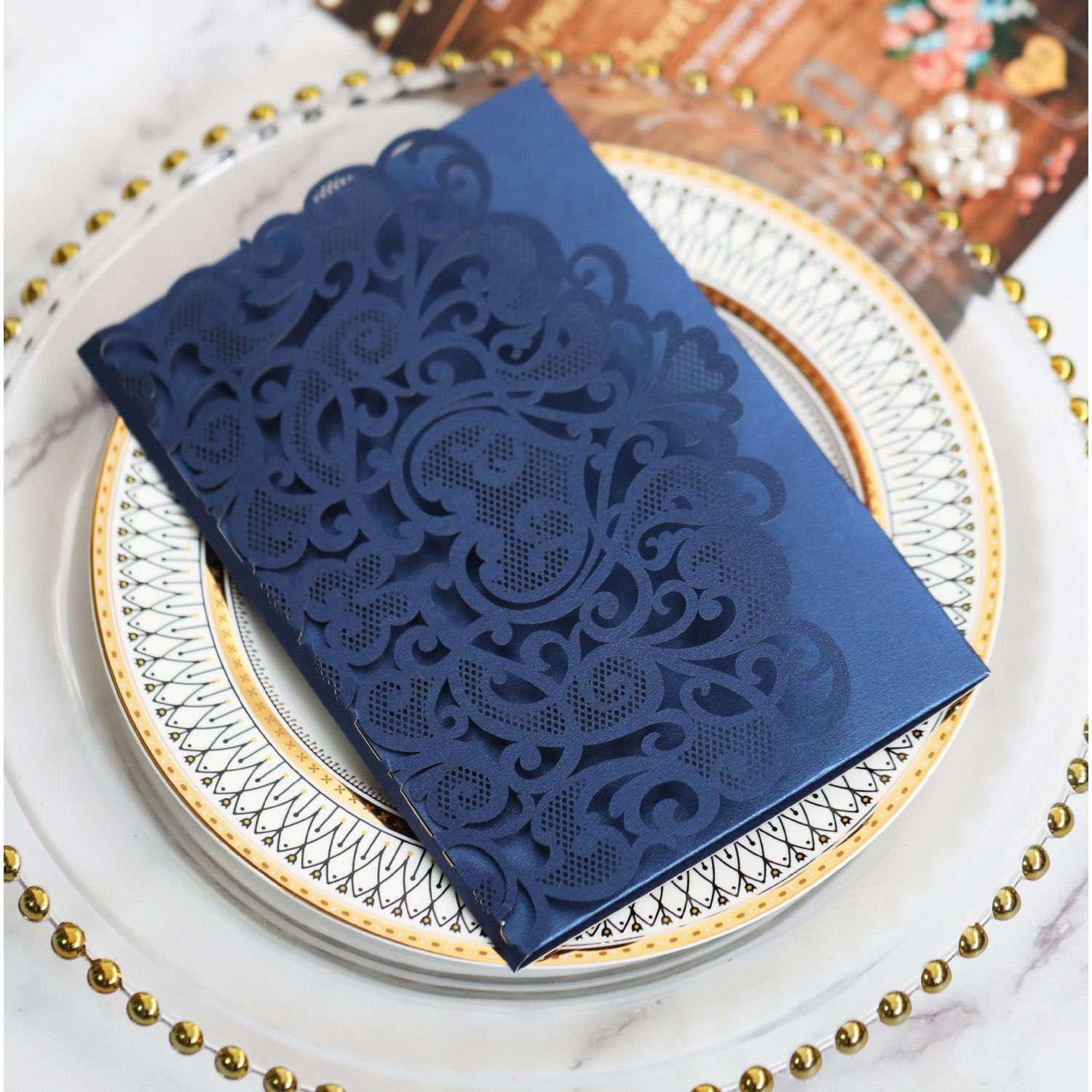 3D Wedding Invitation Card Dark-blue Laser Cut Paper